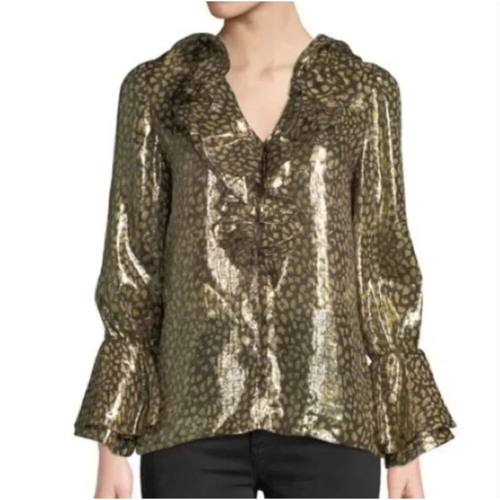 Alice and Olivia‎ Elliot Ruffle Leopard Silk Top Womens Small Gold Blouse NWT